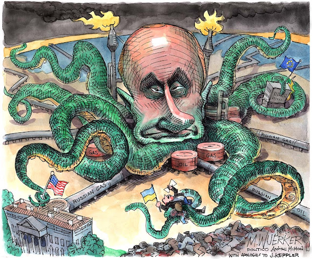 Caricatura de presión geopolítica rusa sobre Ucrania, Europa y Estados Unidos