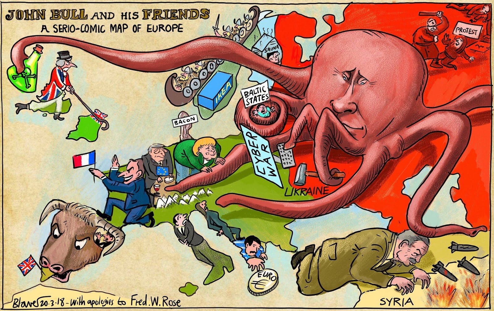 Caricatura serio-cómica de Vladimir Putin como pulpo sobre Europa