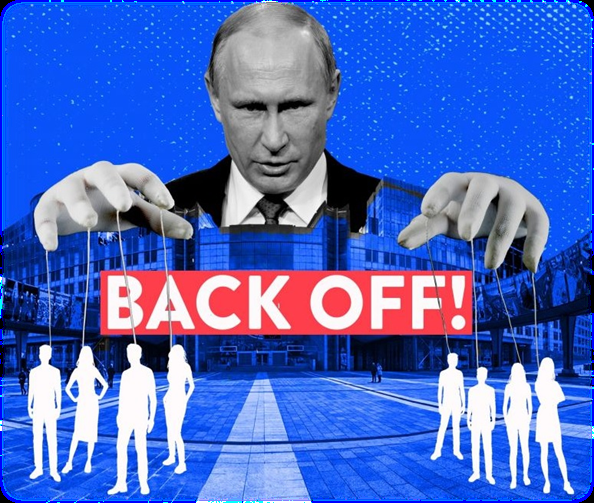 Imagen propagandística de Vladimir Putin con la leyenda «Back off!»